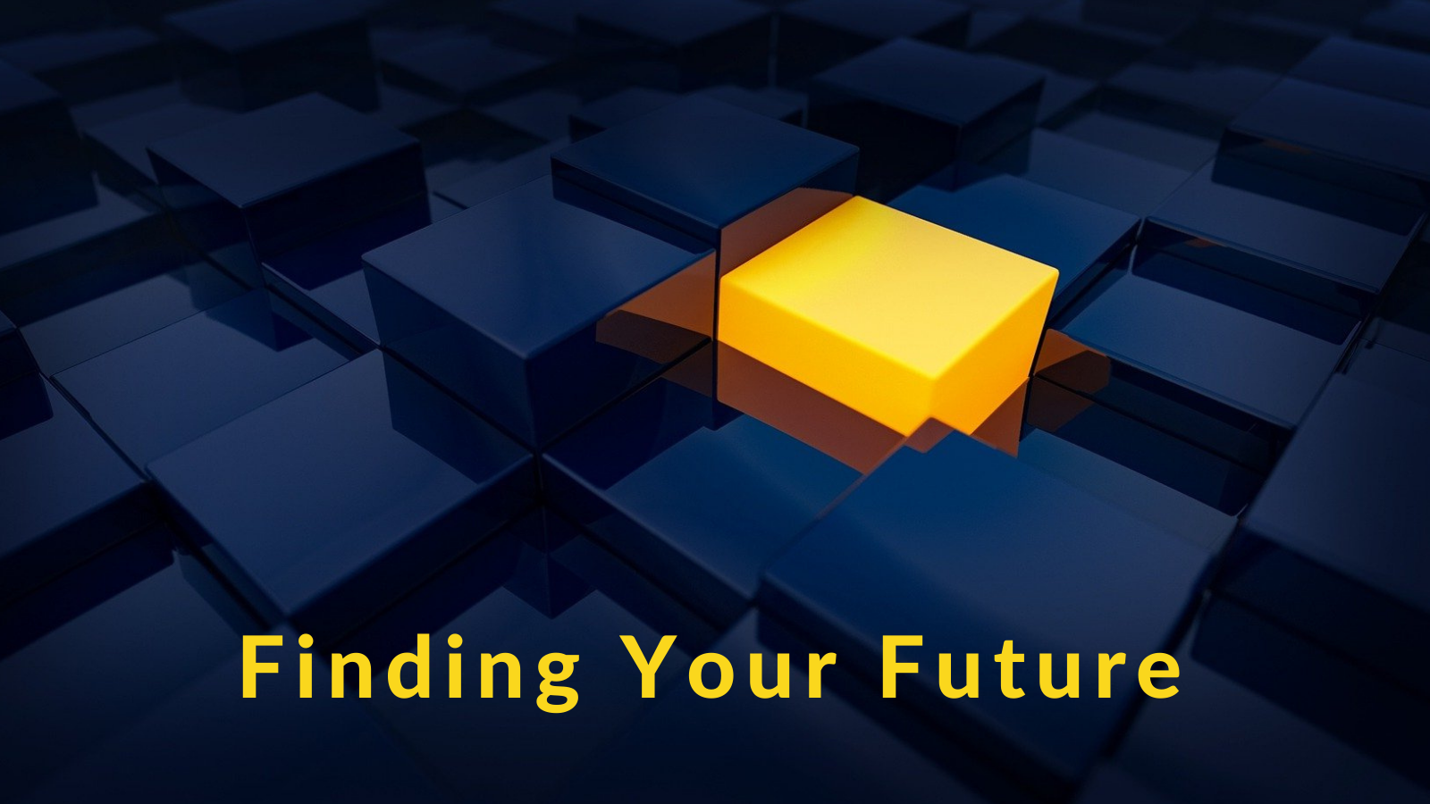 Dark blue boxes fill the image, with a single bright yellow cube in the middle sticking up. In matching yellow text at the bottom of the image is the phrase "Finding Your Future"