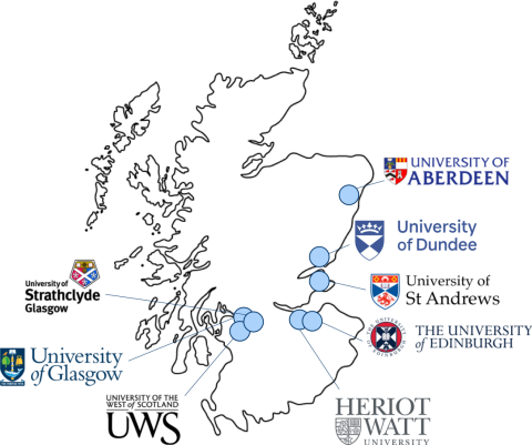 Map of Scotland with SUPA universities highlighted