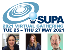 The SUPA Virtual Gathering logo and dates, with photos of the three keynote speakers underneath: from L-R Prof Sheila Rowan, Prof Heather Lewandowski, Prof Martin Dawson