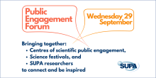 Speech bubbles with the event title and date, followed by text that reads "Bringing together centres of scientific public engagement, science festivals and SUPA researchers to connect and be inspired